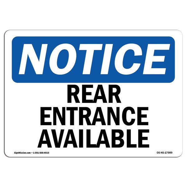 Safety Sign, OSHA Notice, 3.5" Height, Rear Entrance Available Sign, Landscape, 10PK